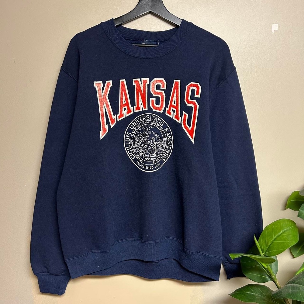 Vintage 90s JanSport University of Kansas Sweatshirt Mens L Navy Made in USA